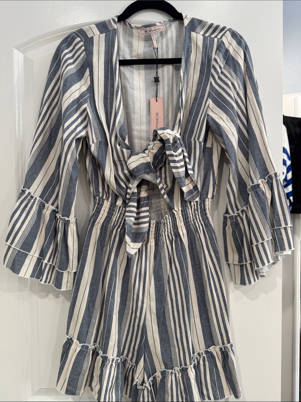 BCBGeneration Navy & White Striped Tie-Front Romper with Ruffle Sleeves